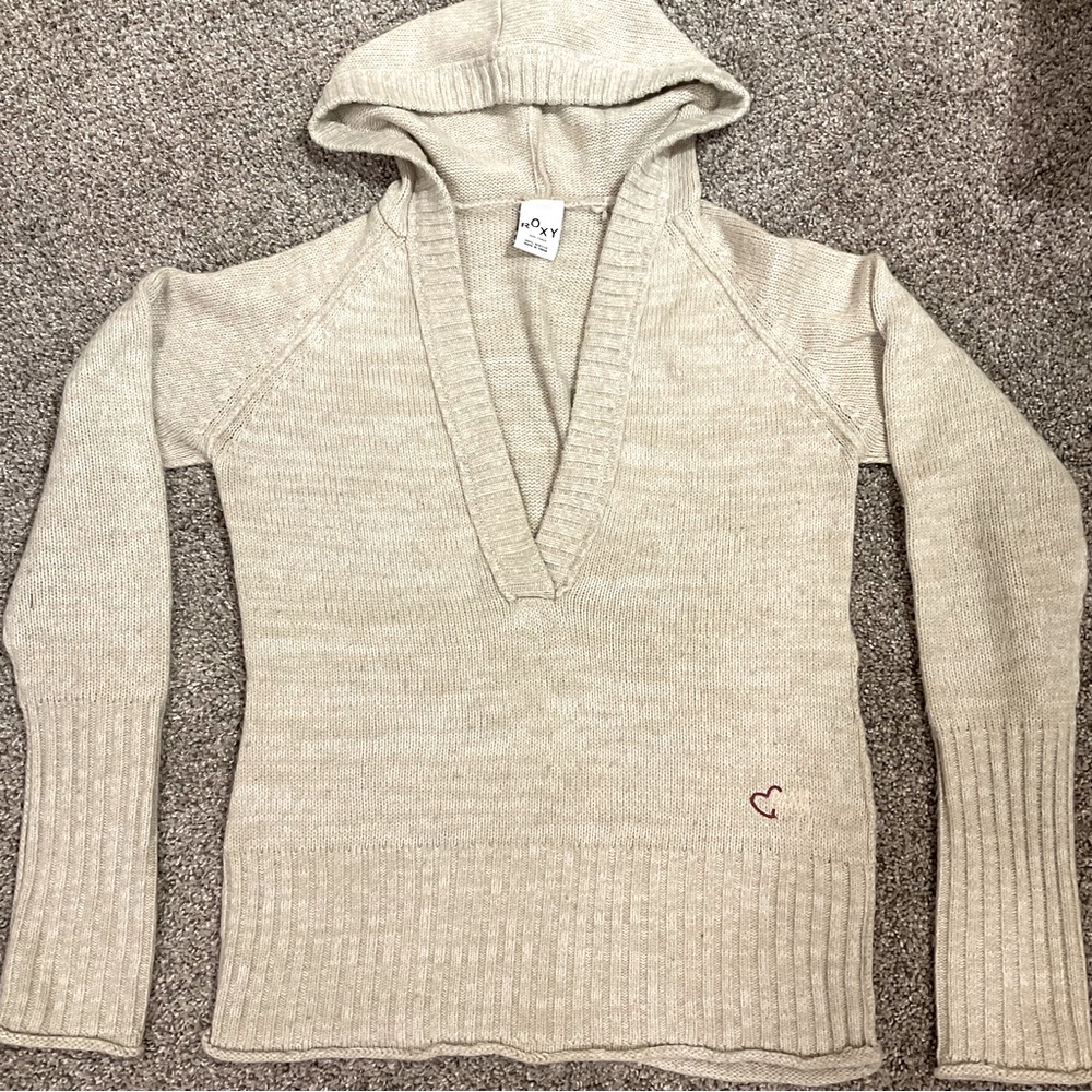Roxy V-neck Hooded Sweater, cream colored, size Large, EUC